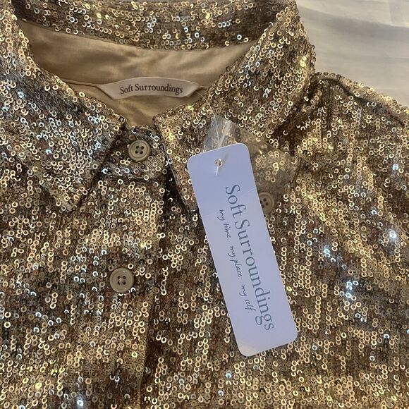 Soft Surroundings Sancerre Sequin Shirt Gold Button Up Petite Large 3GB2650802 - Picture 10 of 13